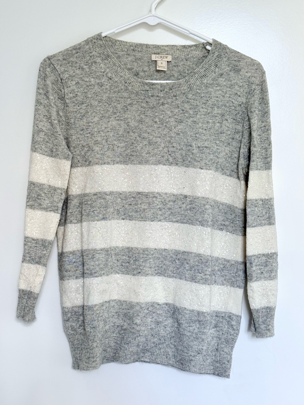 J. Crew Women's Gray & White Sequin Striped Crewneck Sweater, 3/4 sleeve